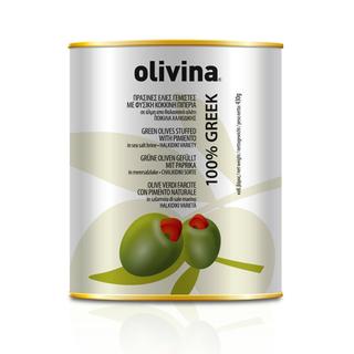 Pimiento Stuffed Halkidiki Olives Pasteurized Metal Tin 425ml OLIVINA