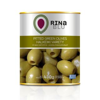 Green Pasteurized Olives Pitted Metal Tin 425ml RINA BLU