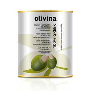 Almond Stuffed Green Olives Pasteurized Metal Tin 425ml OLIVINA