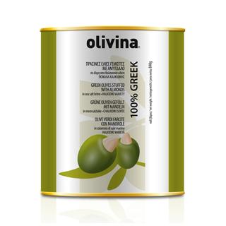 Almond Stuffed Green Halkidiki Olives Pasteurized Metal Tin 850ml OLIVINA
