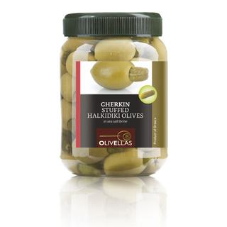 Grüne Chalkidiki oliven Gefüllte mit gurken Pet Jar 0.5lt