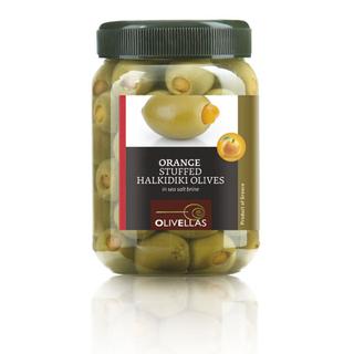 Grüne Chalkidki oliven Gefüllte mit orange Pet Jar 0.5lt