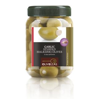 Grüne Chalkidiki oliven Gefüllte mit Knoblauch Pet Jar 0.5lt