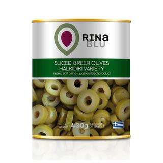 Verde aceitunas de Halkidiki pasteurizado en rodajas Metal plateado 425ml RINA BLU