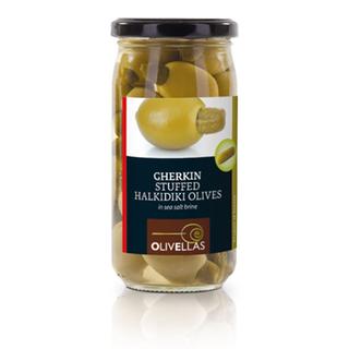 Grüne Chalkidiki oliven Gefüllte mit gurken im Glas 370ml TUBE
